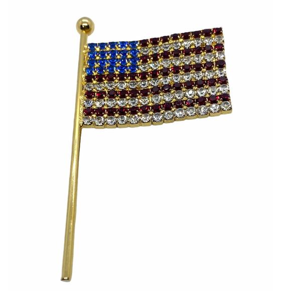 American Flag USA Pin Brooch Rhinestone Gold Tone - Picture 1 of 4